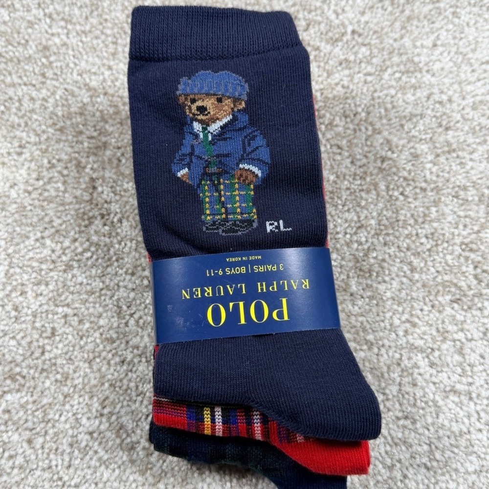 Polo Ralph Lauren Boys 3 Pack Polo Bear Plaid Crew Socks Size 9-11 Shoe 4-10 NEW